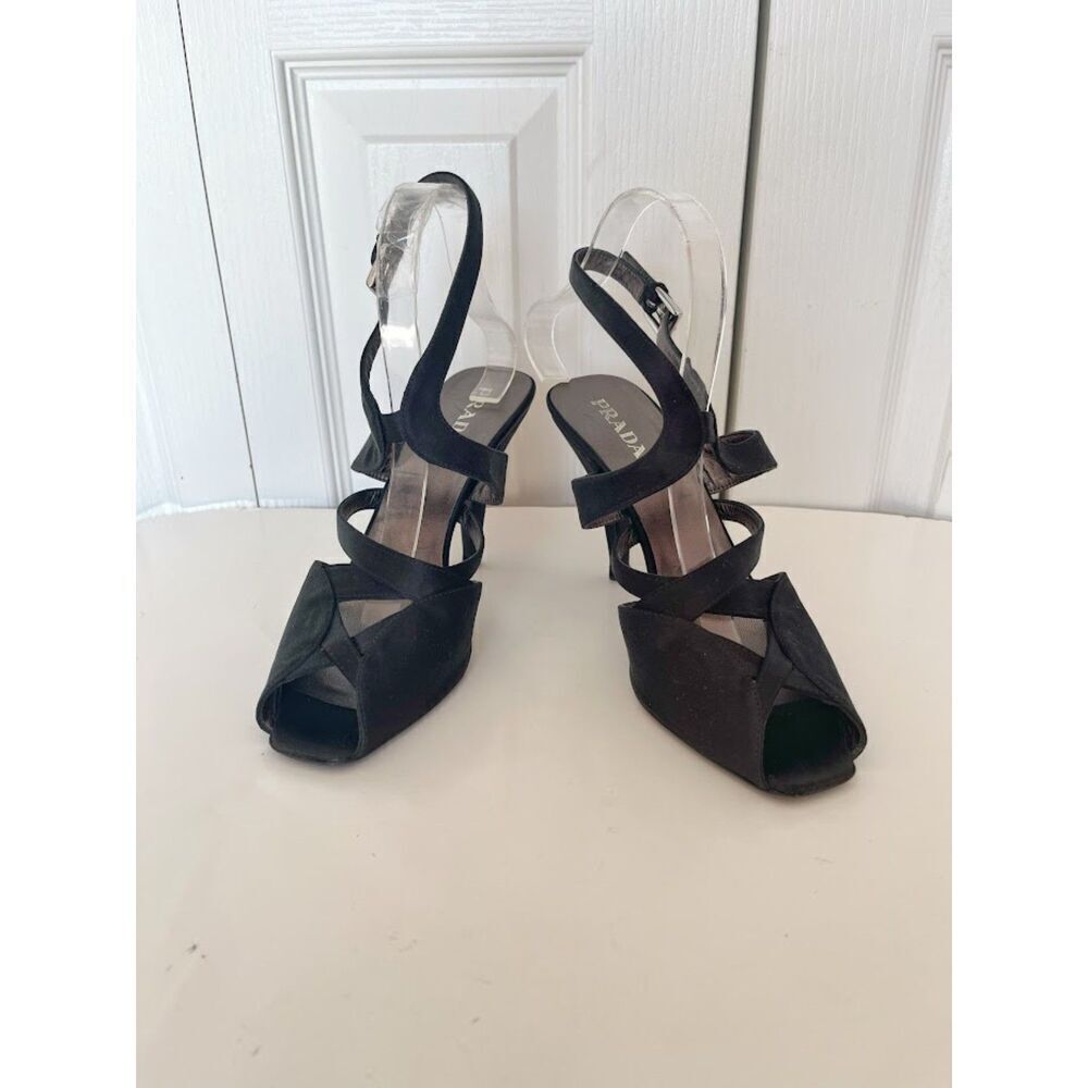 Prada Satin Open Peep Toe Strappy Cutouts Buckle Slingback Stiletto Pumps Heels